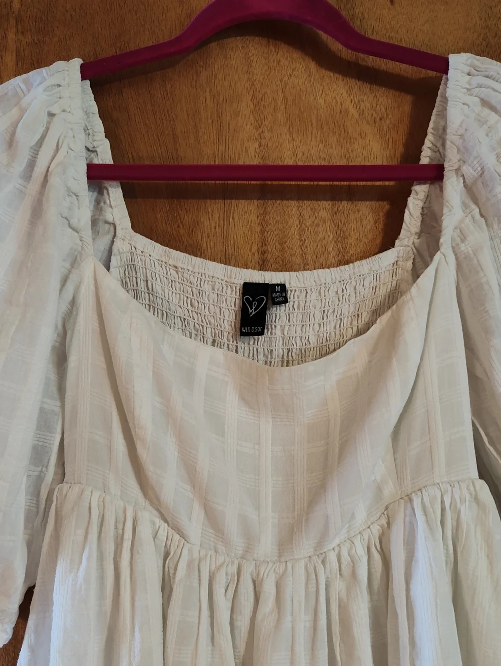 Windsor Puff Sleeve Babydoll Dress White Cotton Smocked Back Lined Size M